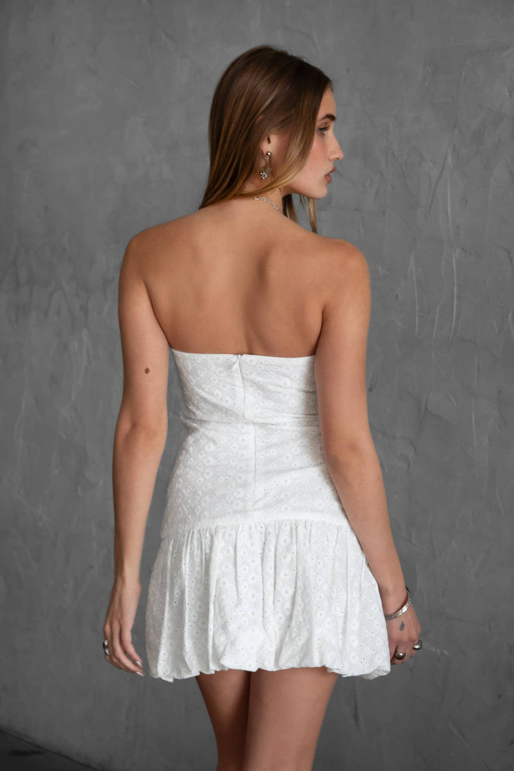 Embroidered Strapless Bubble Hem Mini Dress: White