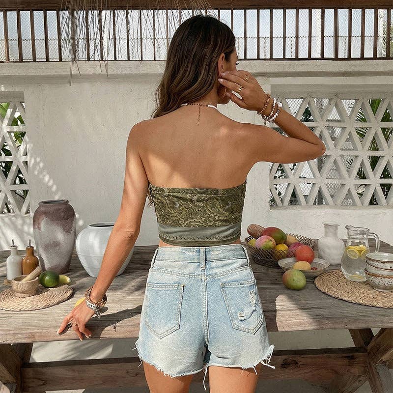 Boho Paisley Strapless Bandeau Handkerchief Top: Army Green / 95%Polyester 5% Elastane / M