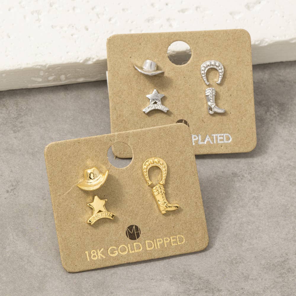 18K Gold Dipped Western Cowboy Stud Earring Set: G