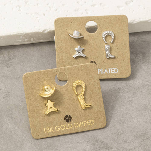 18K Gold Dipped Western Cowboy Stud Earring Set: G