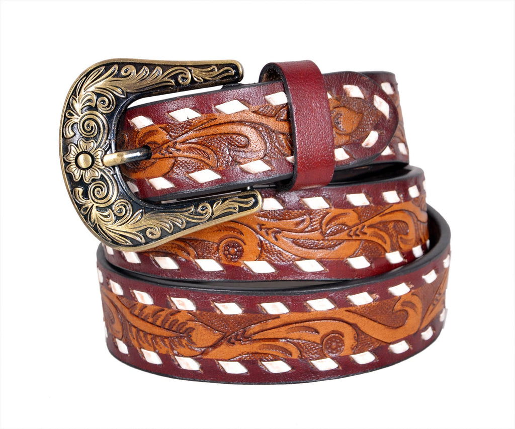 Tri Color Tooled Leather Belt 7Pc Prepack RMB 17