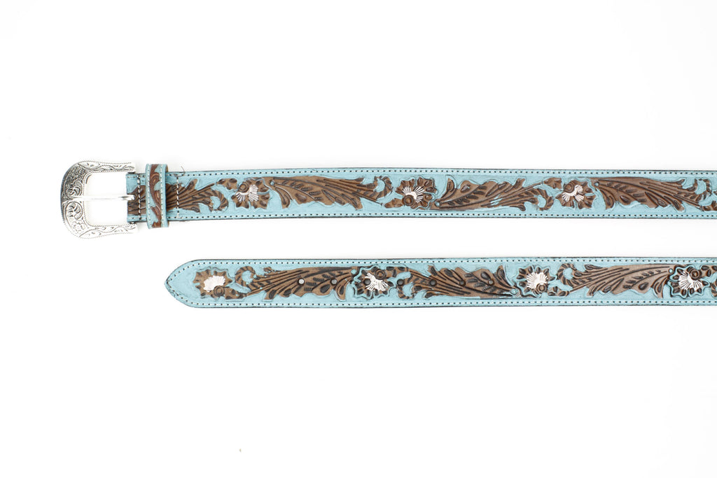 Turquoise Tooled Floral Belt Brown Accents ABB WST 09