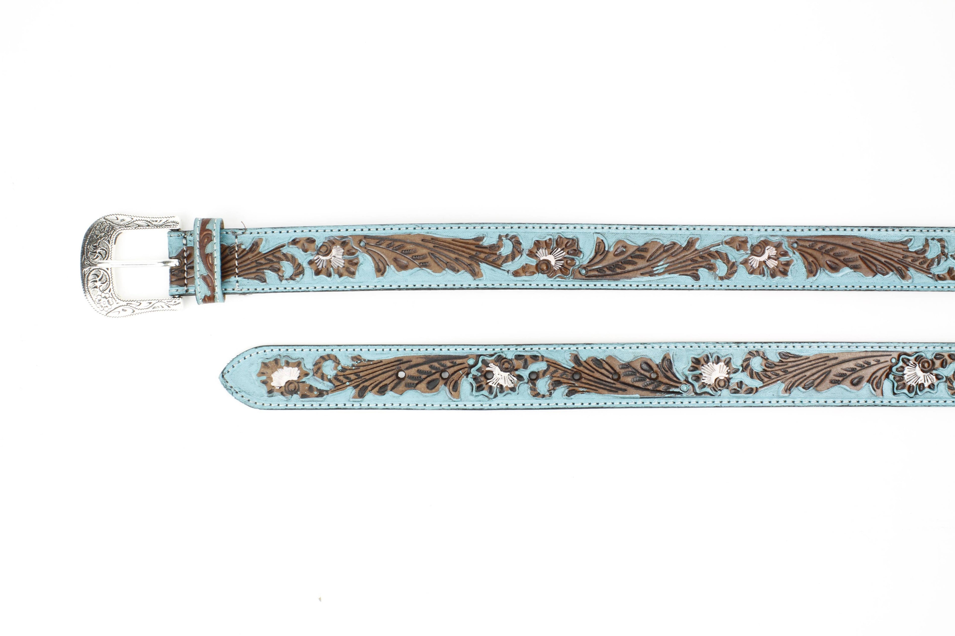 Turquoise Tooled Floral Belt Brown Accents ABB WST 09