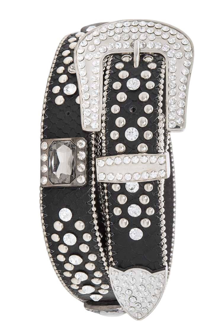 Crystal Square Heavy Stud Western Belt: Black/Clear