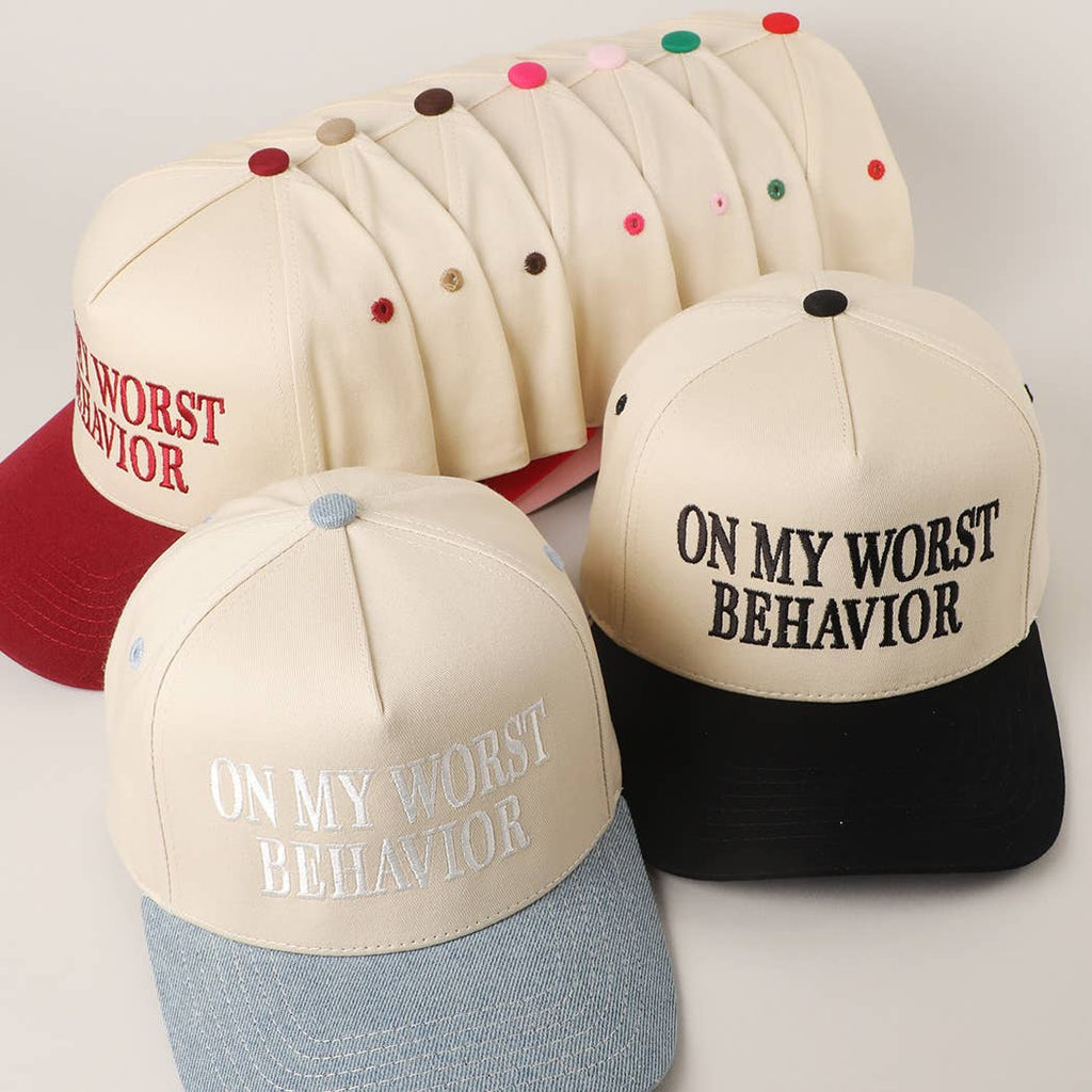 ON MY WORST BEHAVIOR Embroidered Trucker Hat: BROWN / One Size