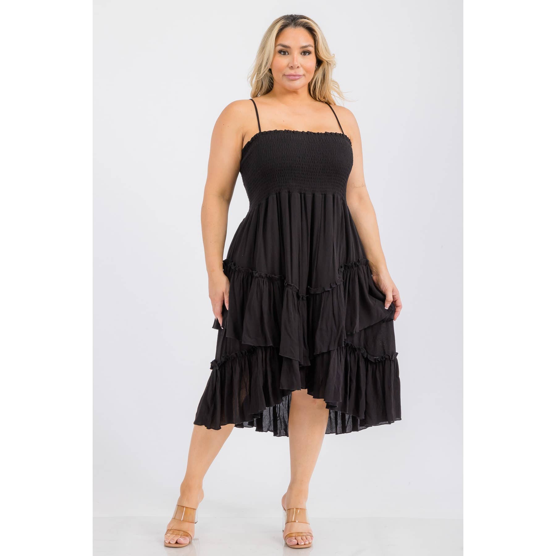 PLUS SIZE SQUARE NECK SMOCKED BODICE TIERED RUFFLE HEM MIDI : Black