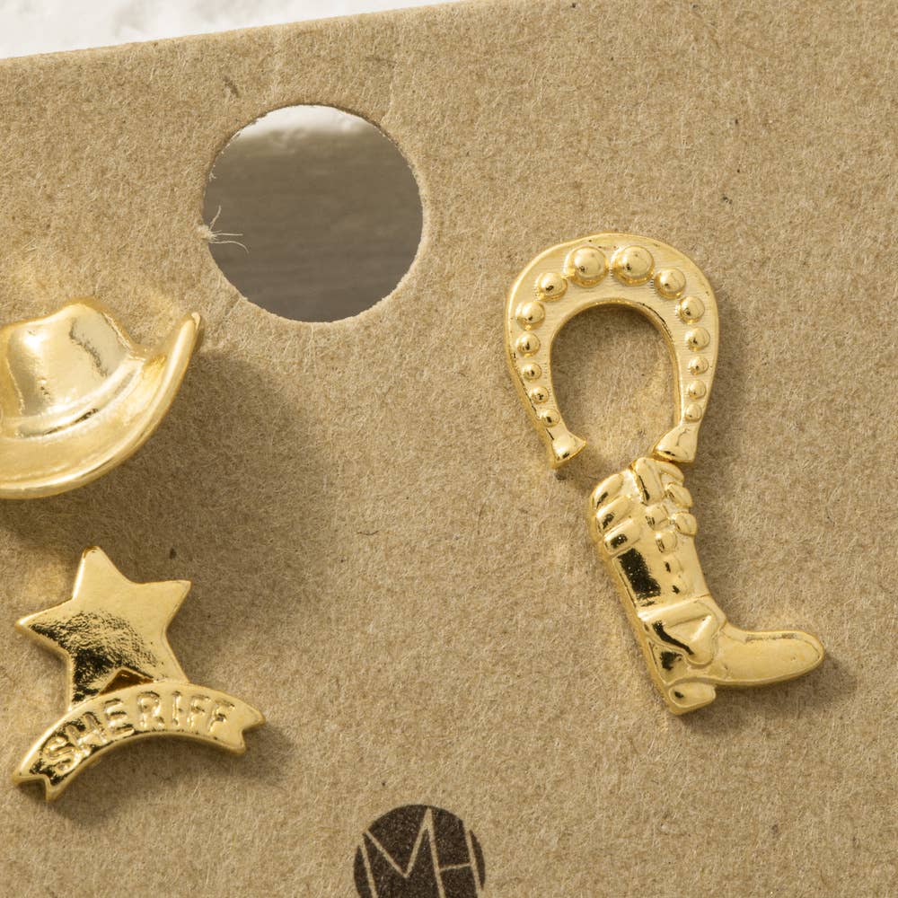 18K Gold Dipped Western Cowboy Stud Earring Set: G