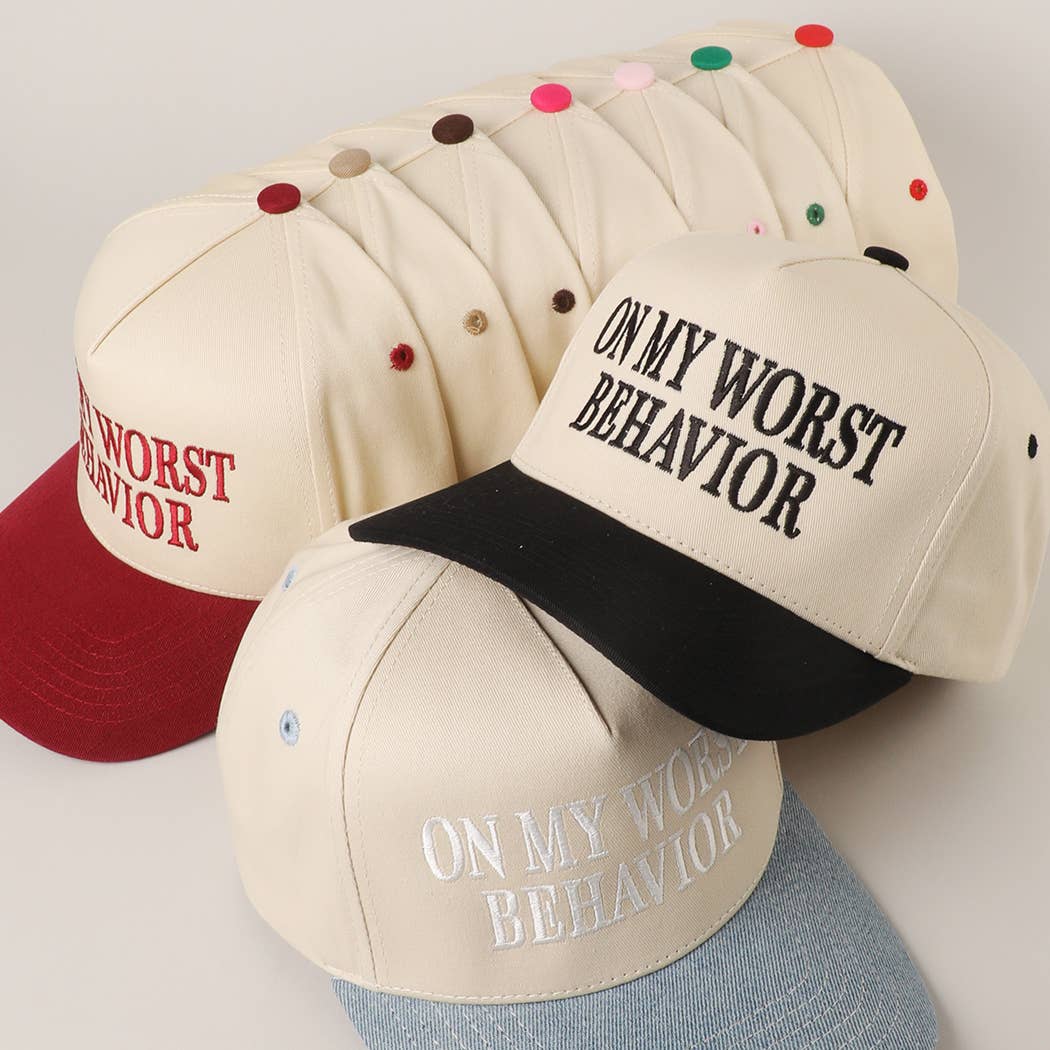 ON MY WORST BEHAVIOR Embroidered Trucker Hat: BROWN / One Size