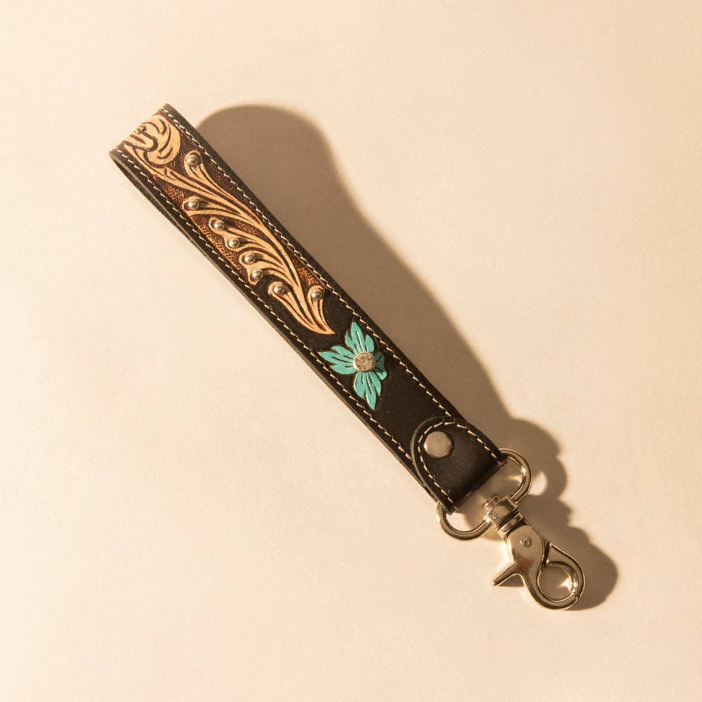 Wildhue Western Key Fob in black with turquoise floral handtooled detail: Black & Turquoise