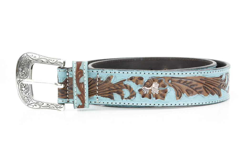 Turquoise Tooled Floral Belt Brown Accents ABB WST 09