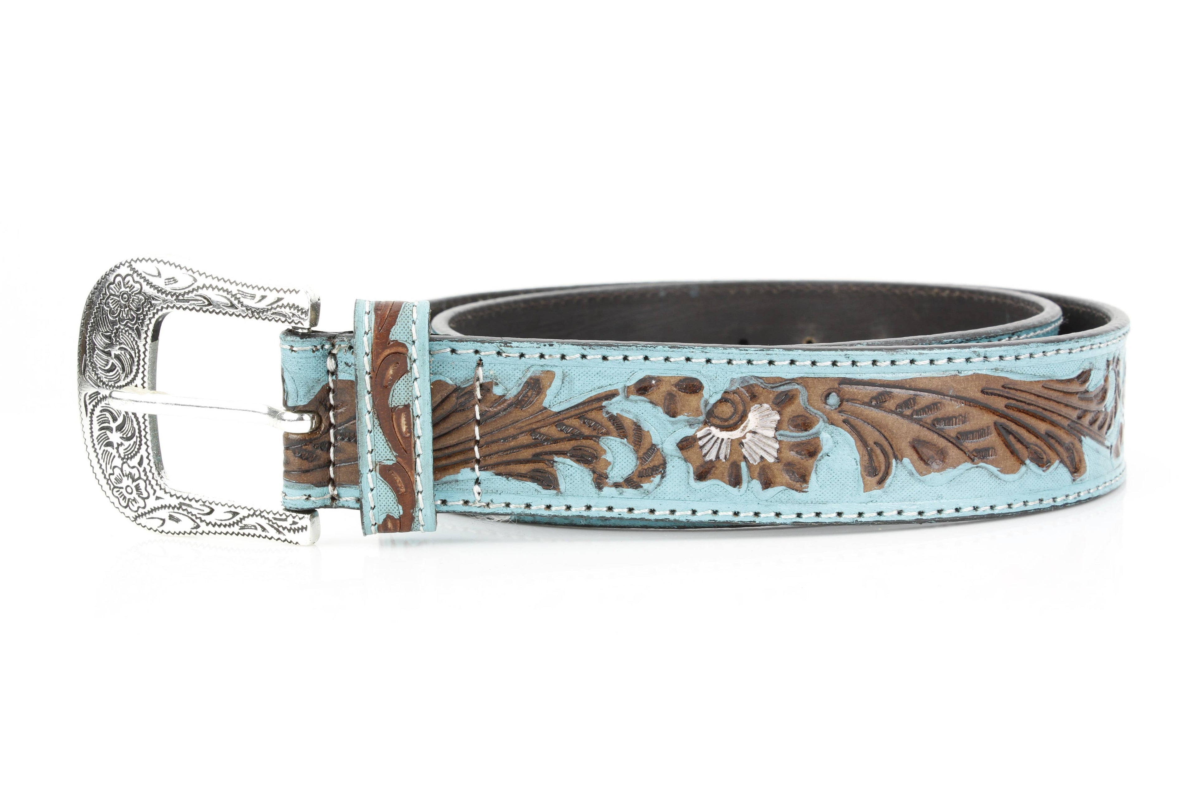 Turquoise Tooled Floral Belt Brown Accents ABB WST 09