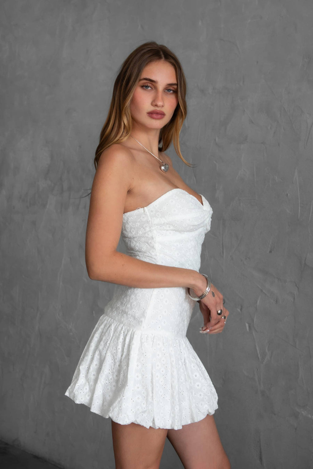 Embroidered Strapless Bubble Hem Mini Dress: White