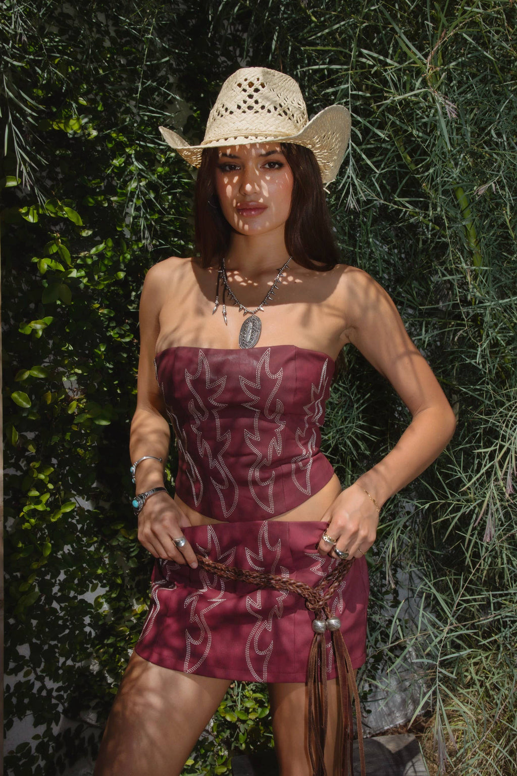 Vegan Leather Embroidered Western Corset Top: Blush