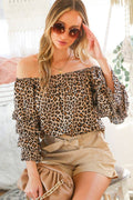 Off Shoulder Layered Ruffled Leopard Casual Tops VT81026: Brown