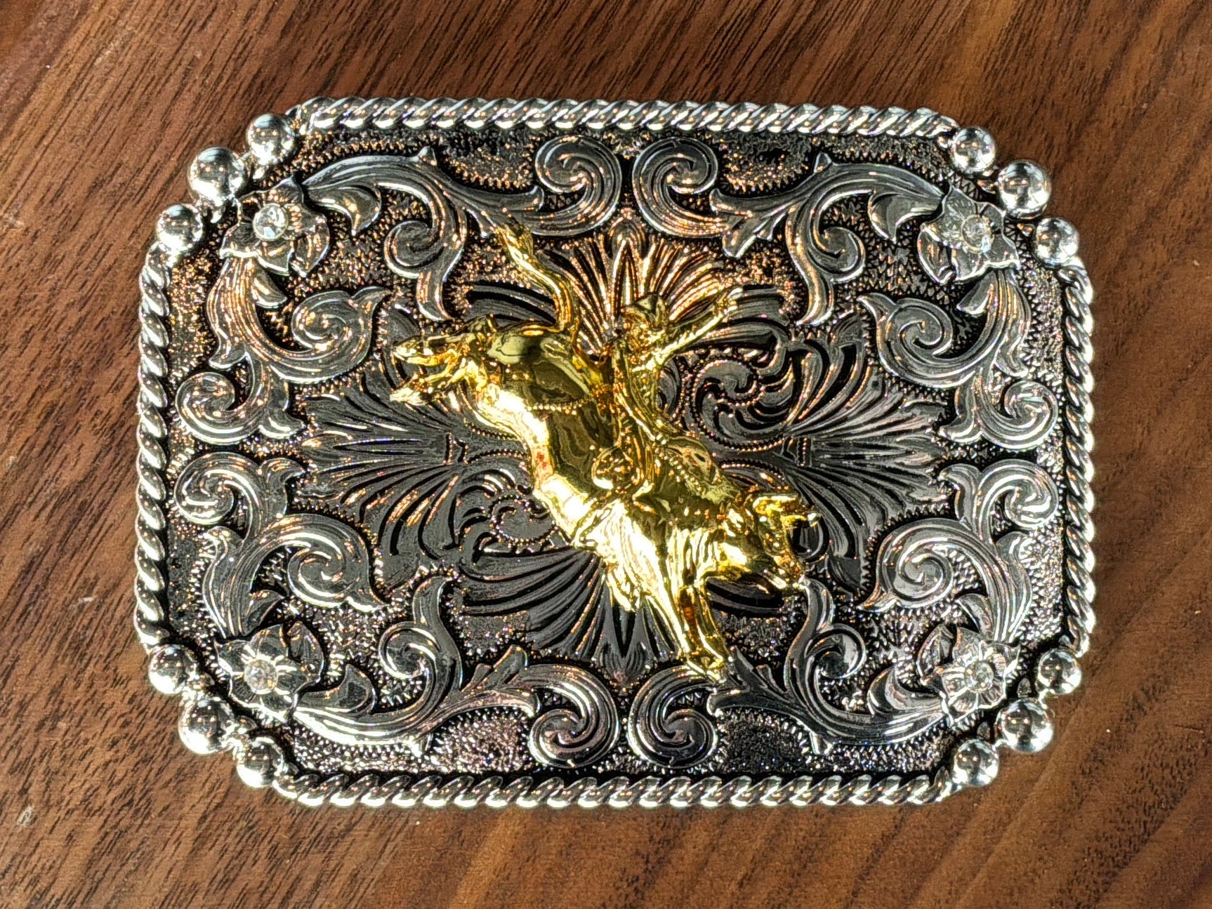 Silver/Gold Bull Rider Belt Buckle - Rectangle