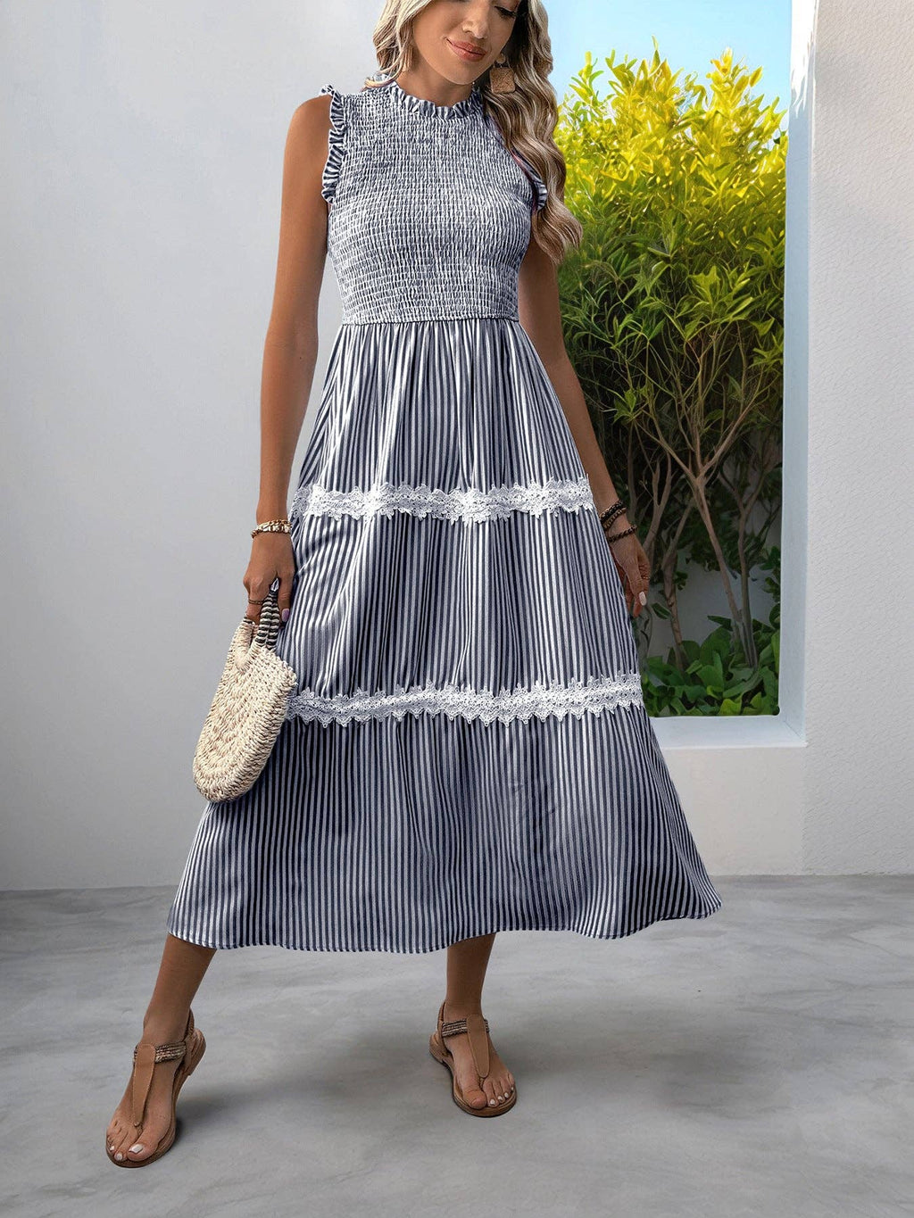 Sleeveless Striped Lace Midi Dress Ruffled A-Line Summer