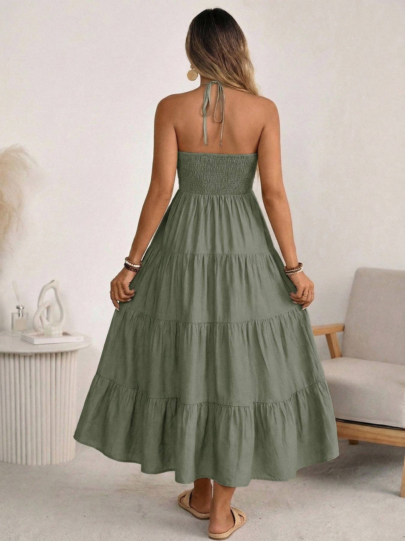 Women's Halter Tiered Maxi Dress Backless Boho Summer Vacation