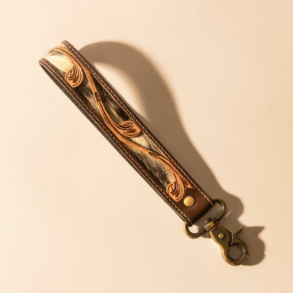 Wildvine Pony Western Handtooled Key Fob in brown with hairon detail: Brown