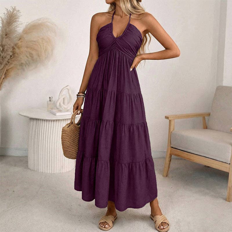 Women's Halter Tiered Maxi Dress Backless Boho Summer Vacation