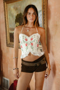 Leather Floral Embroidered Top Contrast Lace Trim: White
