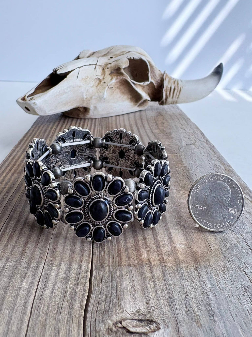Western Concho Stone Stretch Bracelet: Black