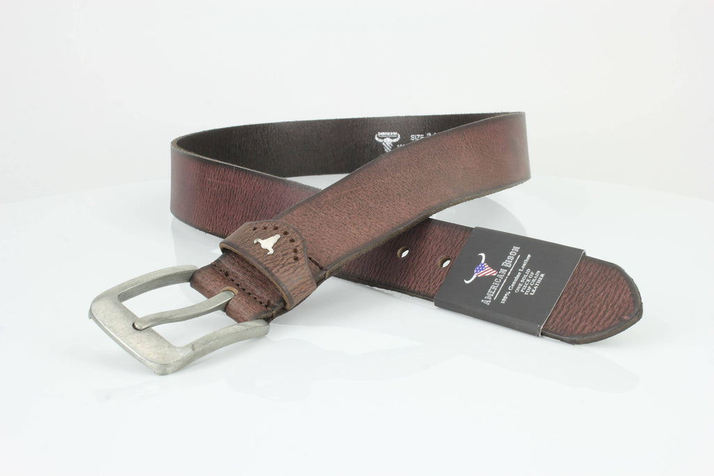 Grain Leather Belt w/ Western Loop & Metal Logo ABB 015: Black
