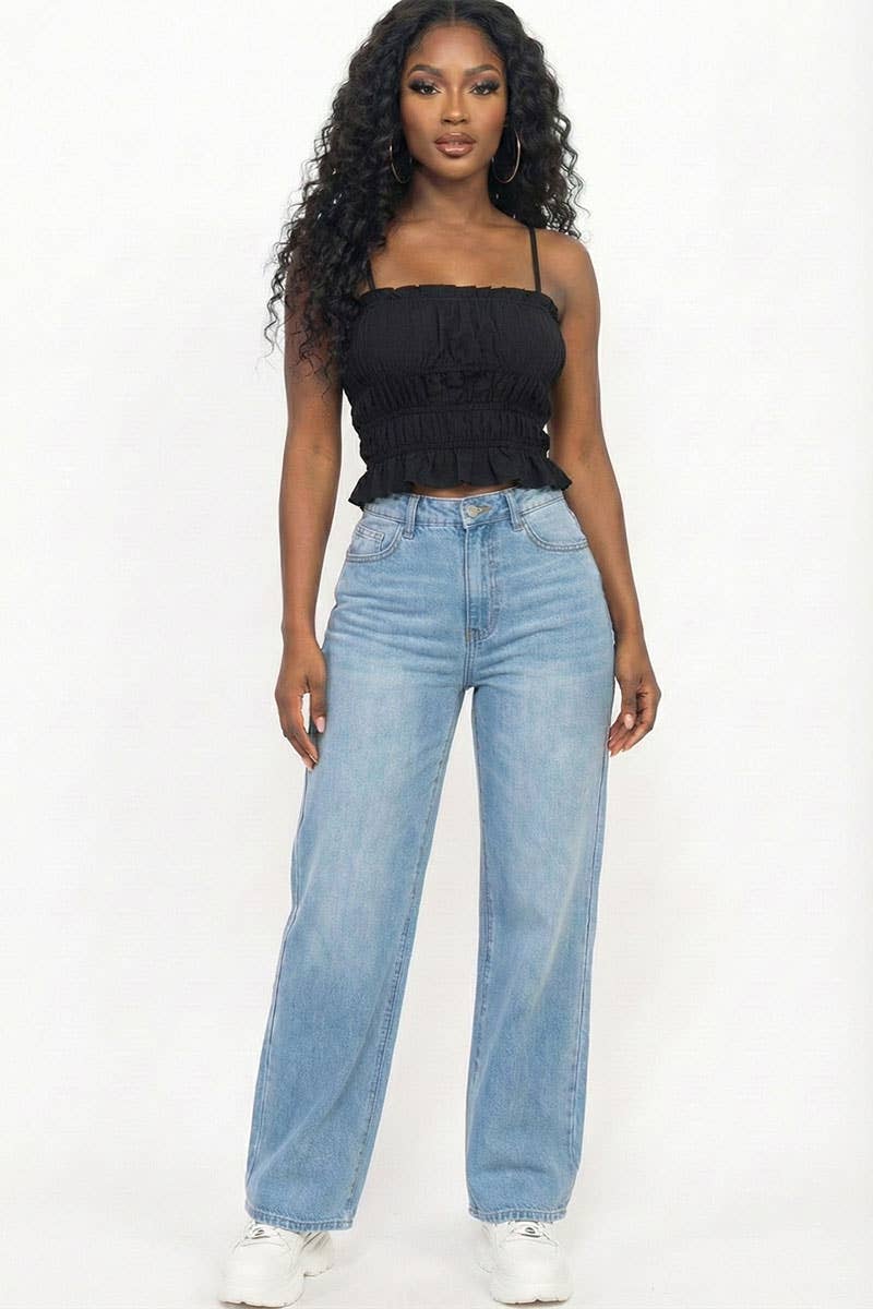 Tiered Shirred Body Crop Top: BLACK