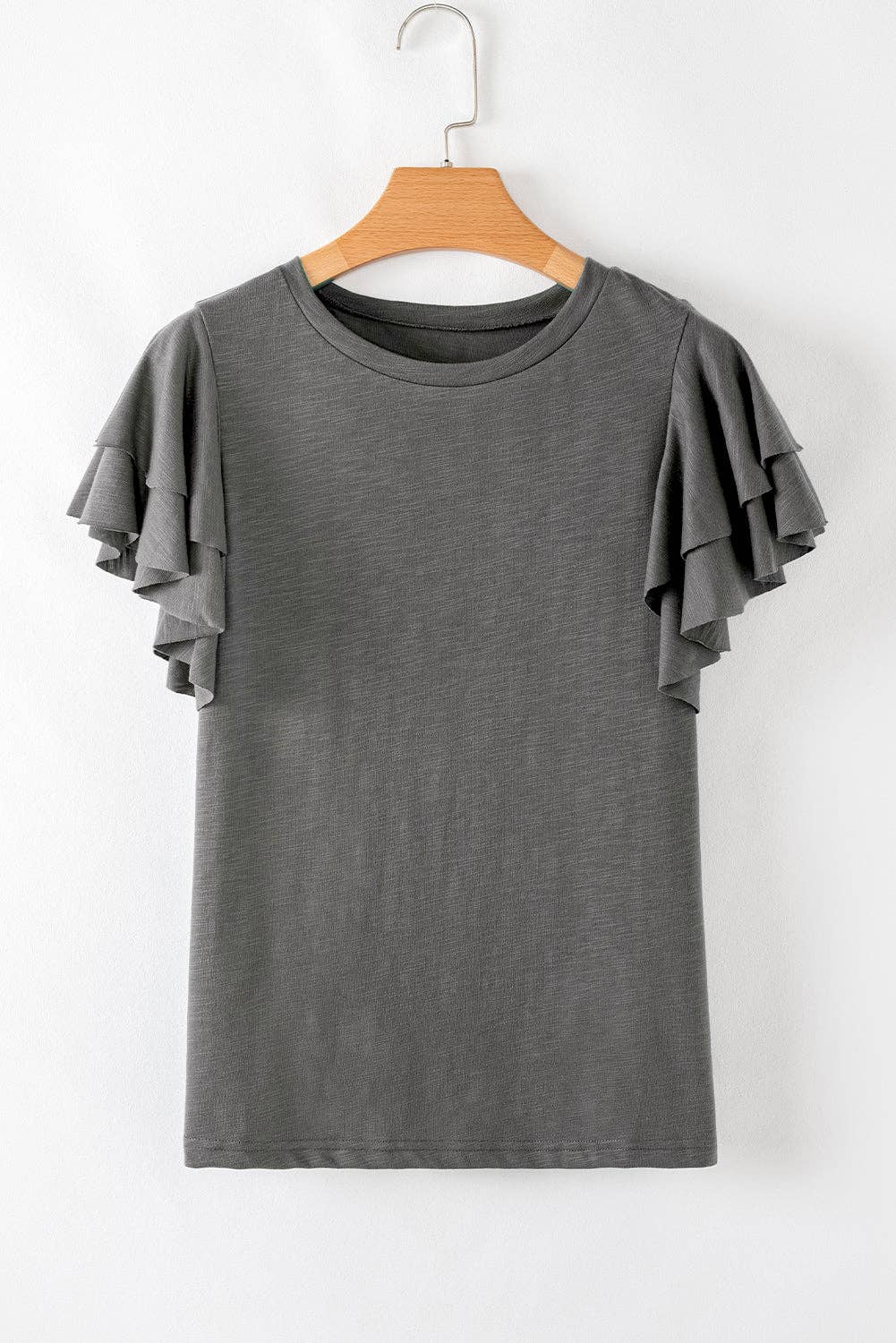 Dark Grey Ruffle Sleeve Tee Casual Summer Top: Dark Grey