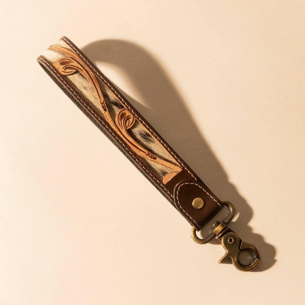 Wildvine Pony Western Handtooled Key Fob in brown with hairon detail: Brown