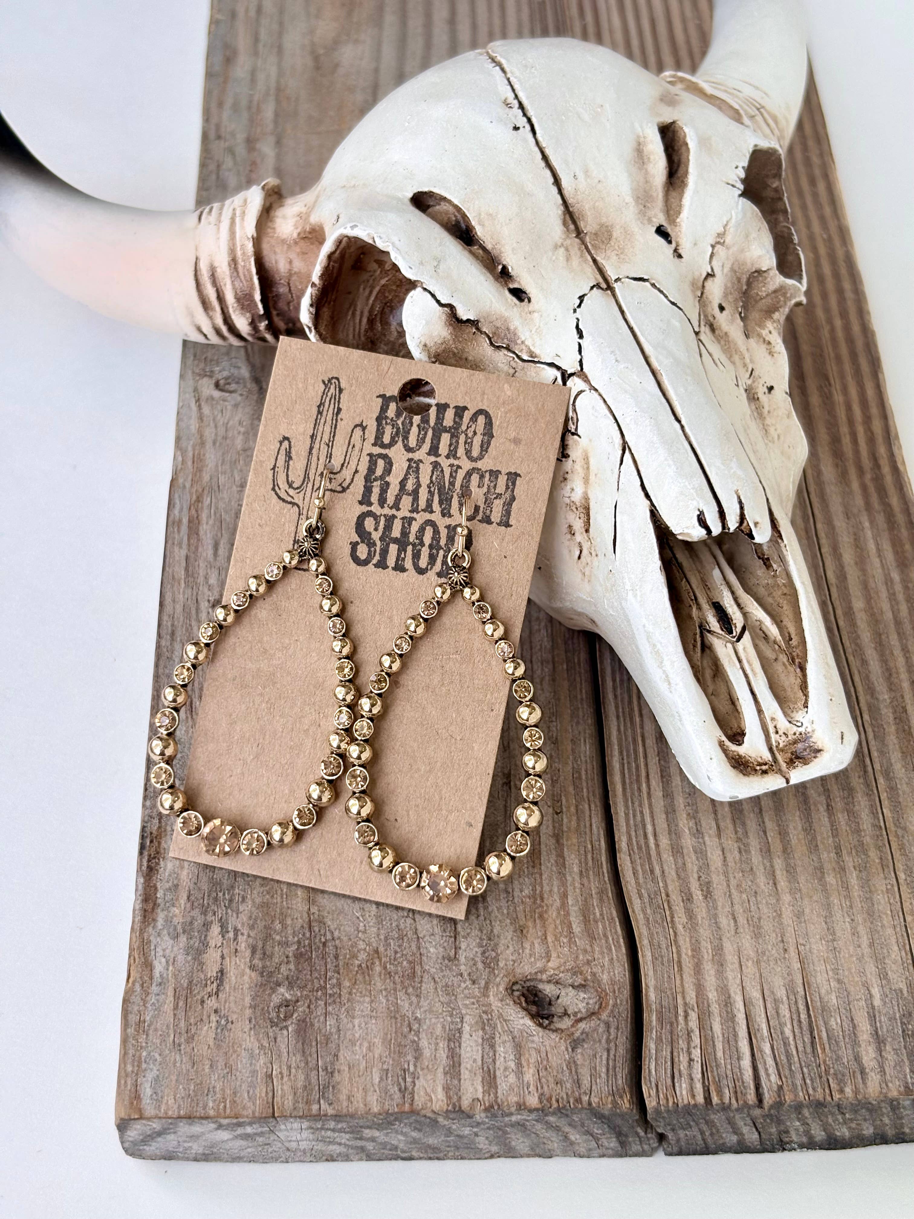 Western Style Open Teardrop Rhinestone Hoop Dangle Earrings: Copper