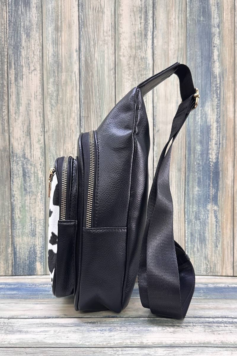 COW PRINT CROSSBODY SLING BAG PURSE : Black