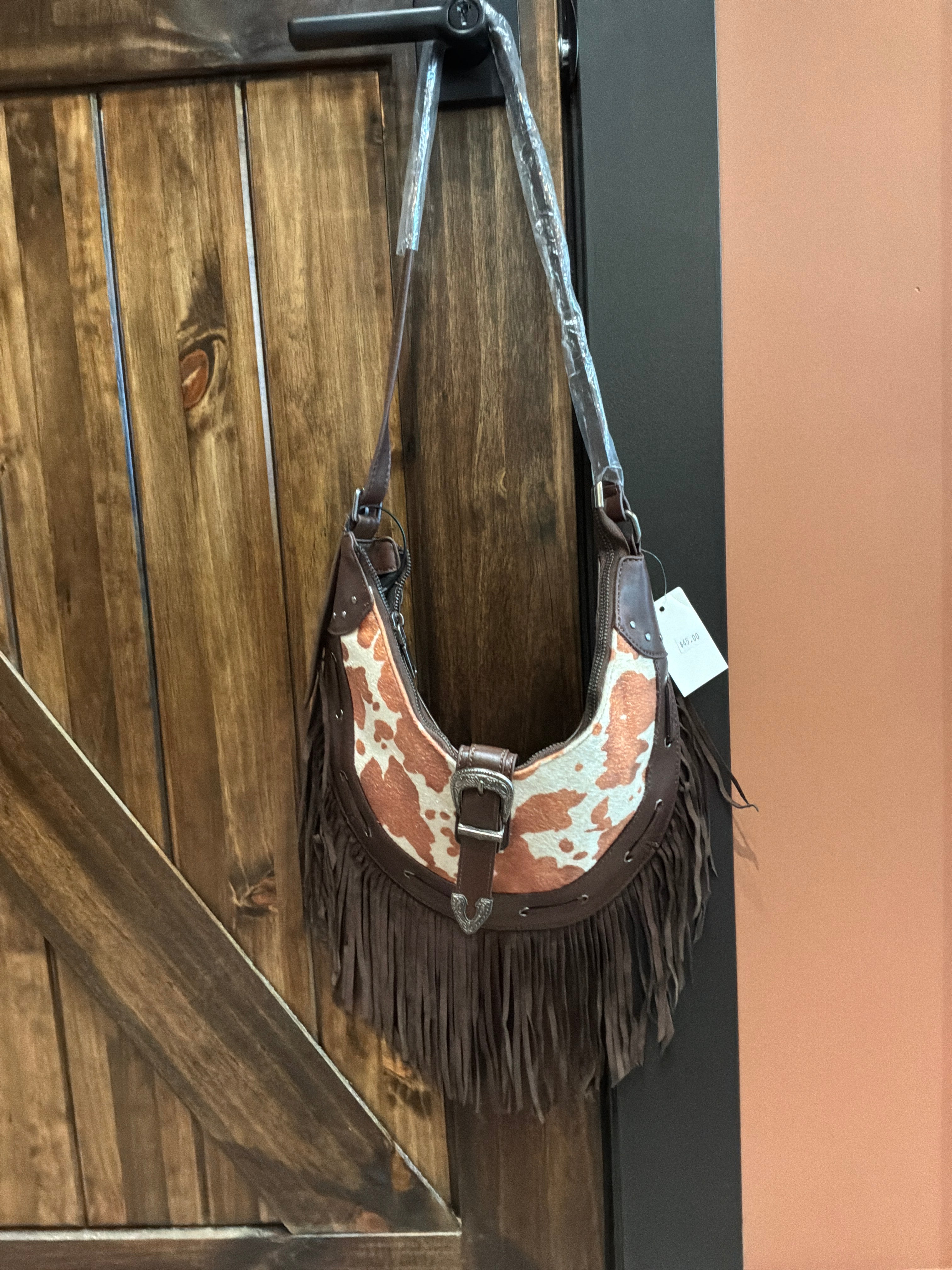Cow Print Leather Fringe Bag - Cow Print Brown