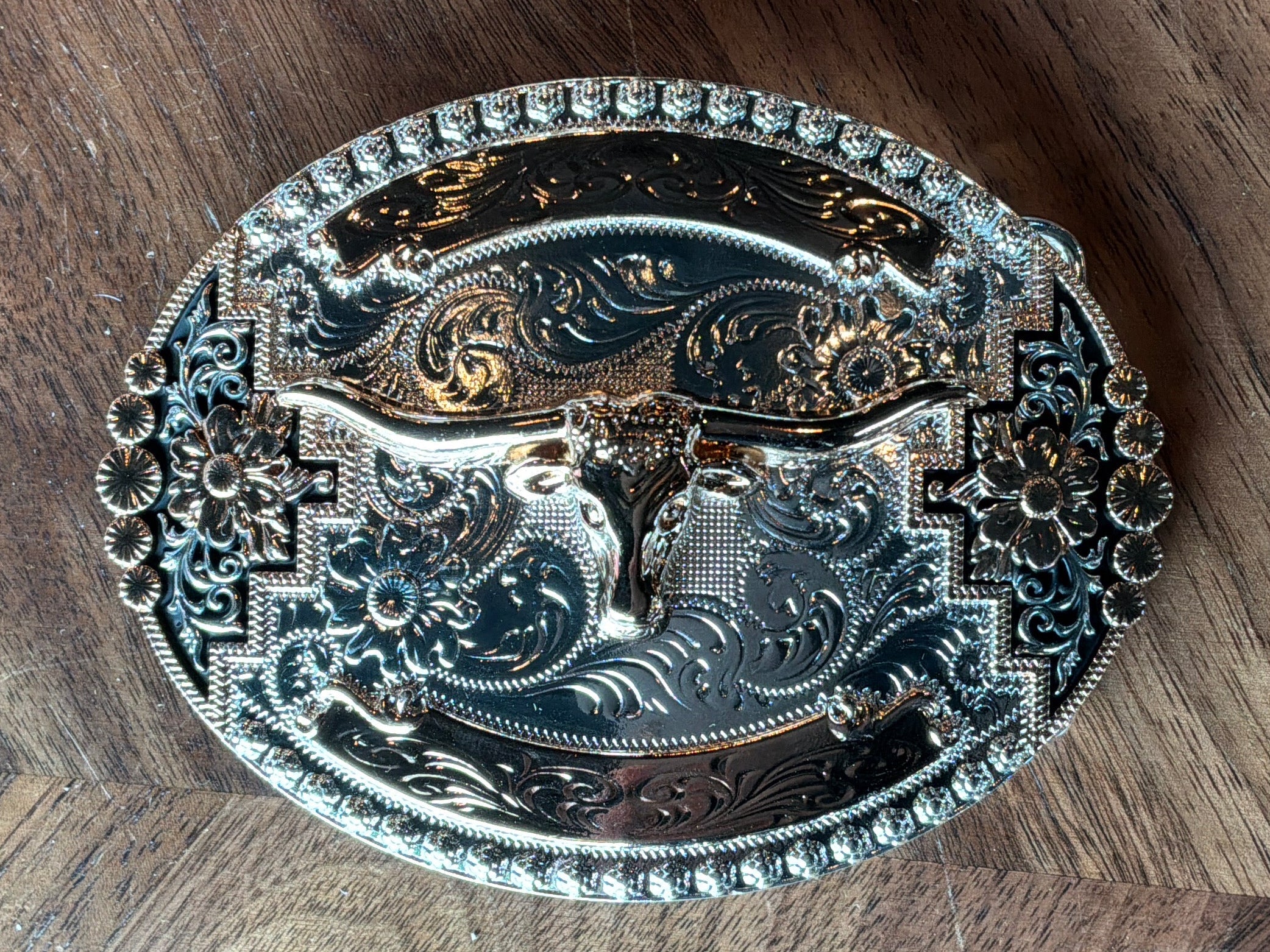 Rose gold/Silver Floral Longhorn Oval Belt Buckle
