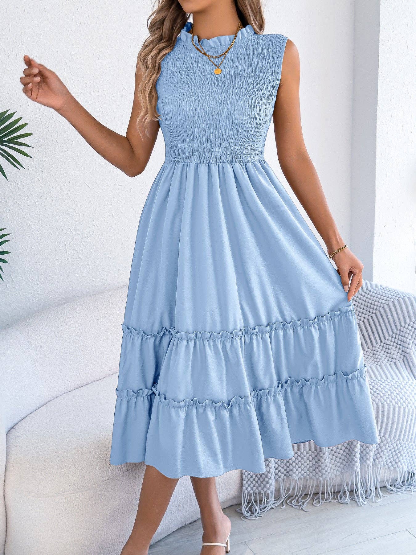 Smocked Sleeveless Ruffle Midi Dress Flowy Summer: Black / 95% Polyester+5% Elastane / L