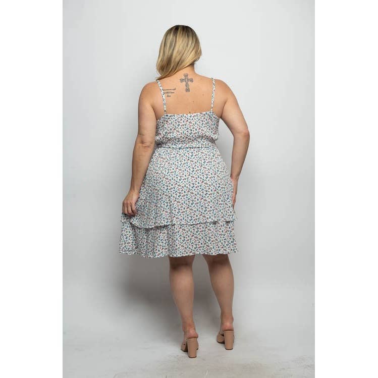 PLUS SIZE DITSY FLORAL TIE WAIST TIERED MIDI DRESS: Black