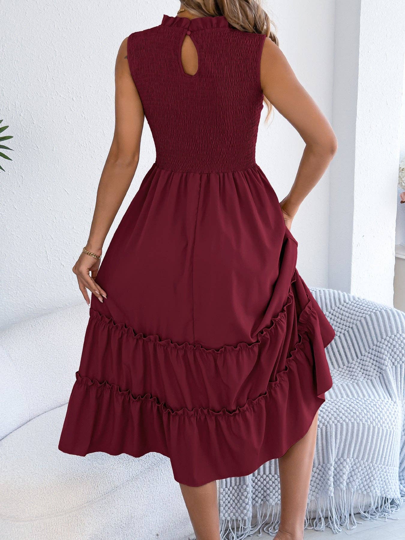 Smocked Sleeveless Ruffle Midi Dress Flowy Summer: Light Blue / 95% Polyester+5% Elastane / M