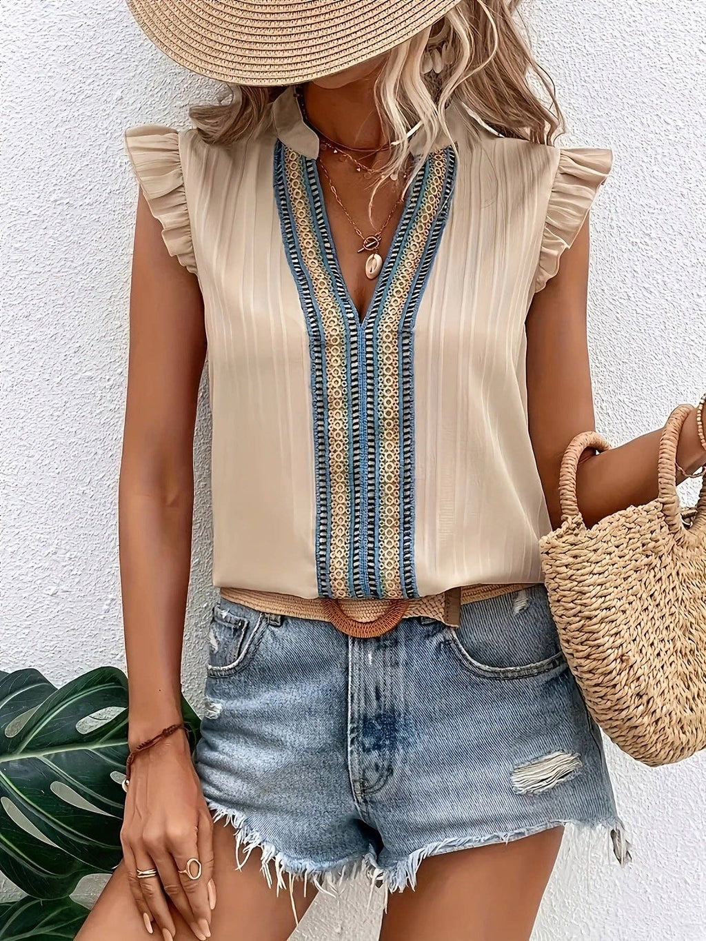 Women's Vintage Lace Collar Sleeveless Ruffle Blouse: Khaki