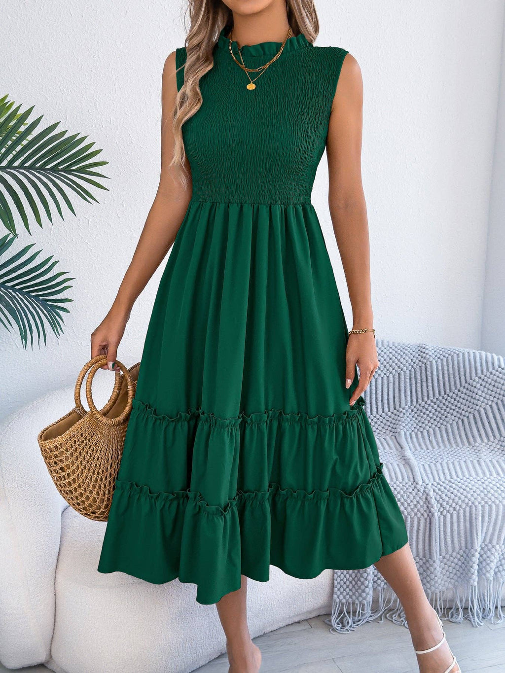 Smocked Sleeveless Ruffle Midi Dress Flowy Summer: Black / 95% Polyester+5% Elastane / L
