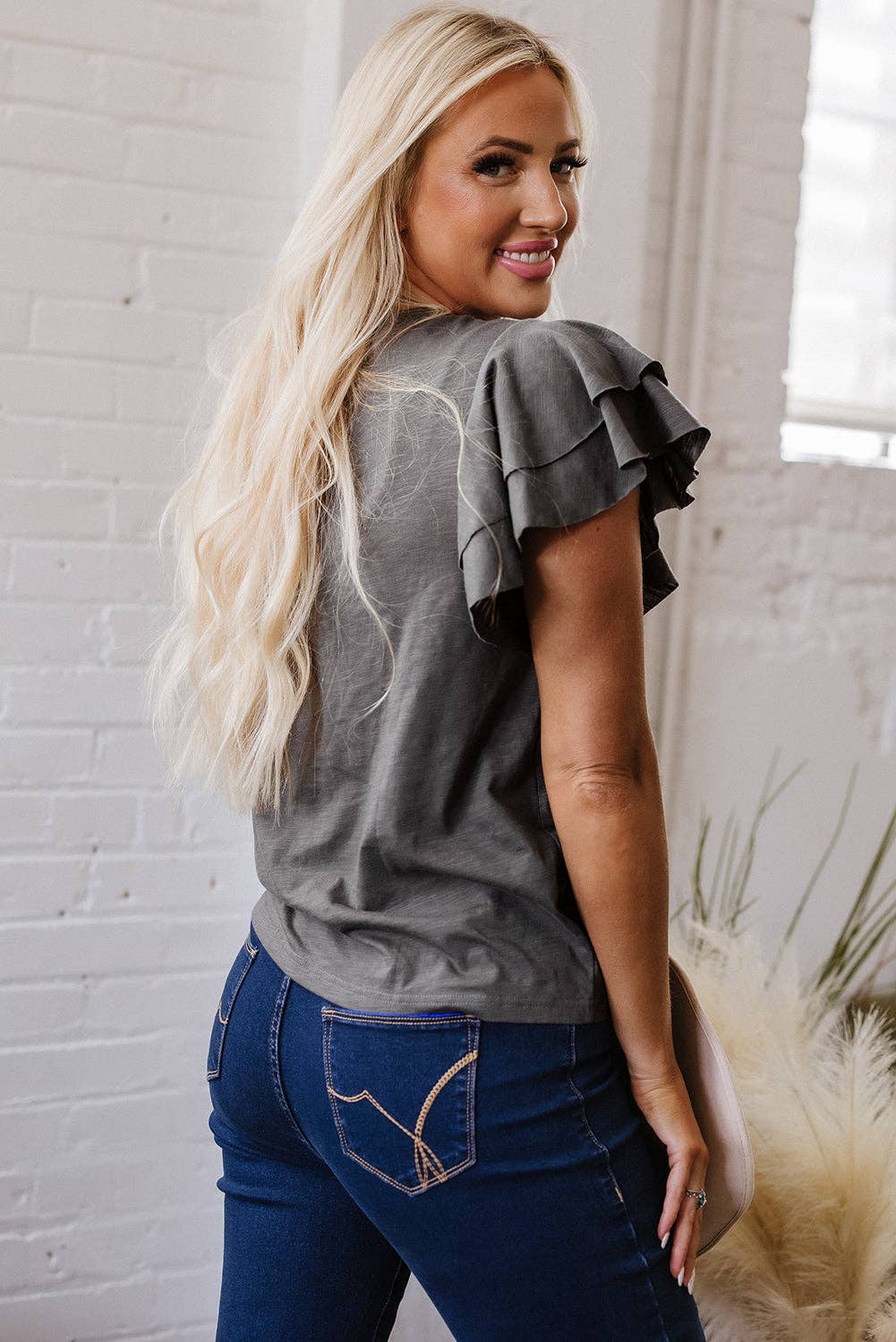 Dark Grey Ruffle Sleeve Tee Casual Summer Top: Dark Grey