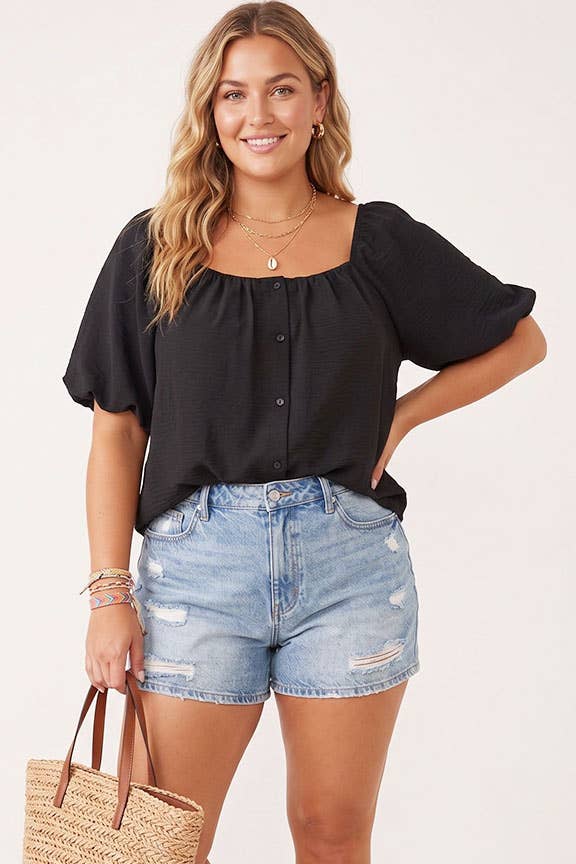 Plus Size Bubble Sleeve Button Front Blouse: Mocha
