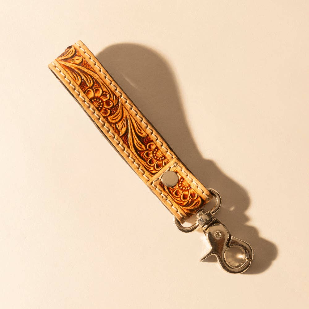 Hide Inlay Western Key Fob in creme with floral detail: Crème