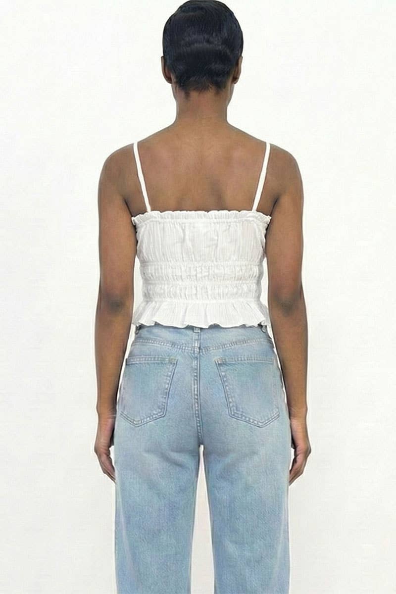 Tiered Shirred Body Crop Top: White