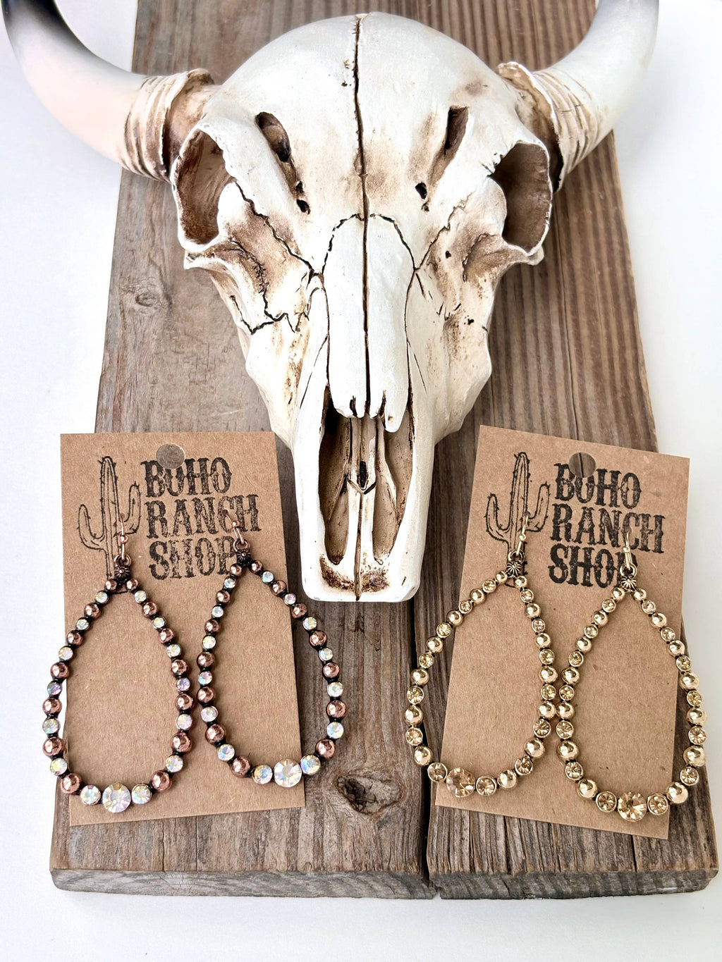 Western Style Open Teardrop Rhinestone Hoop Dangle Earrings: Gold