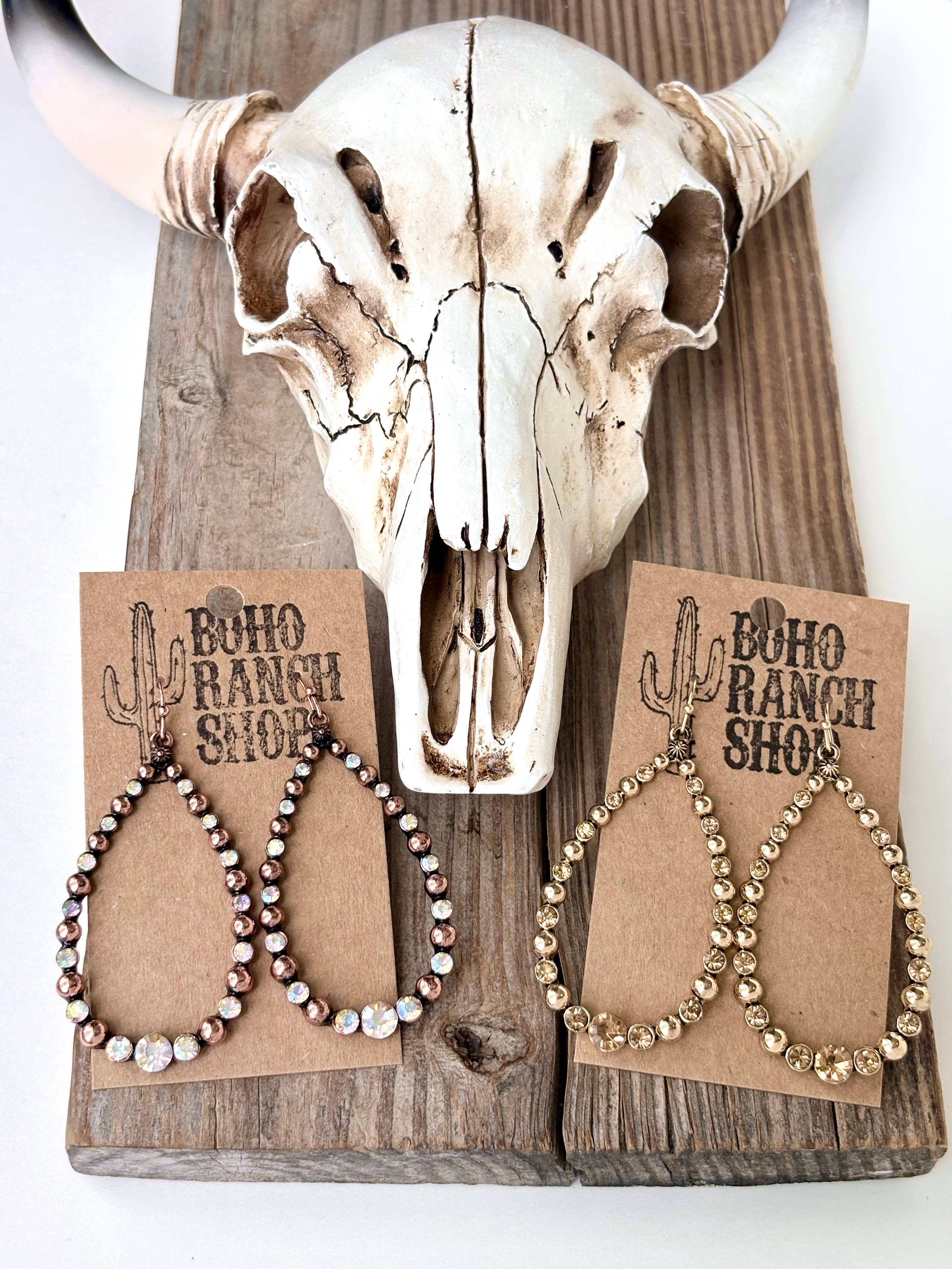 Western Style Open Teardrop Rhinestone Hoop Dangle Earrings: Gold
