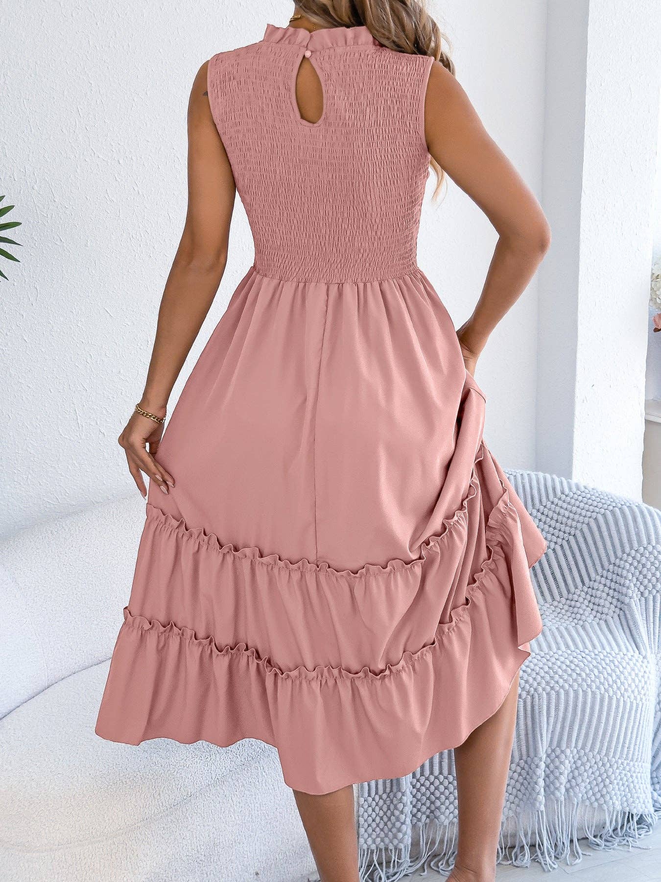 Smocked Sleeveless Ruffle Midi Dress Flowy Summer: Light Blue / 95% Polyester+5% Elastane / M