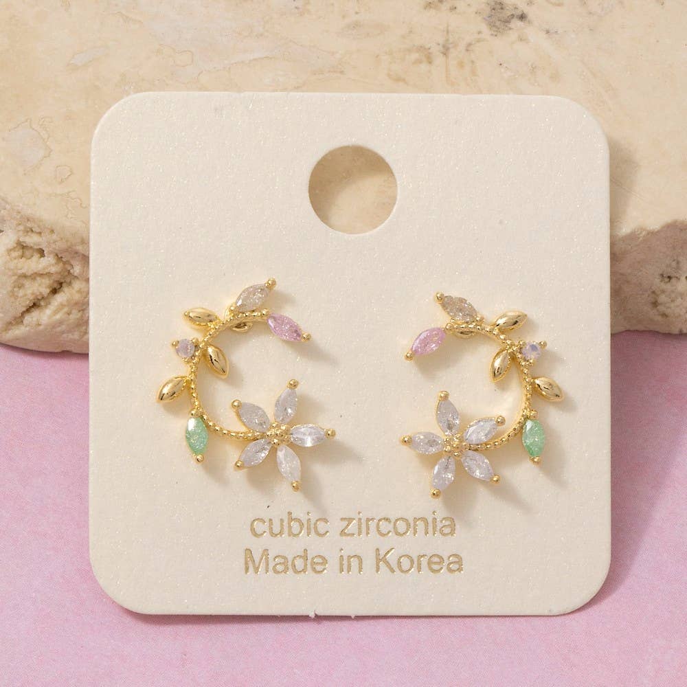 Leaf And Flower Circle Stud Earrings