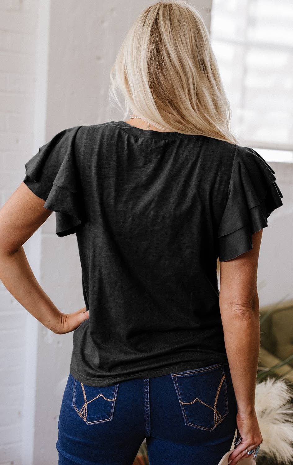 Dark Grey Ruffle Sleeve Tee Casual Summer Top: Dark Grey