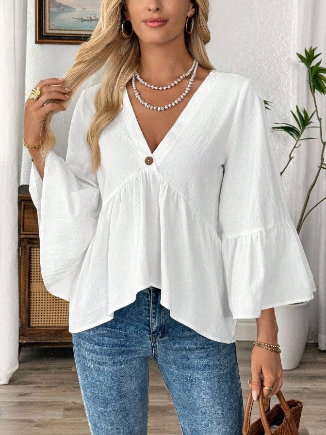 Cotton V-Neck Ruffle Sleeve Top Flowy Loose Blouse