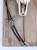 Western Style Bolo Tie Pendant w/ Leather Cord Necklace: Steerhead