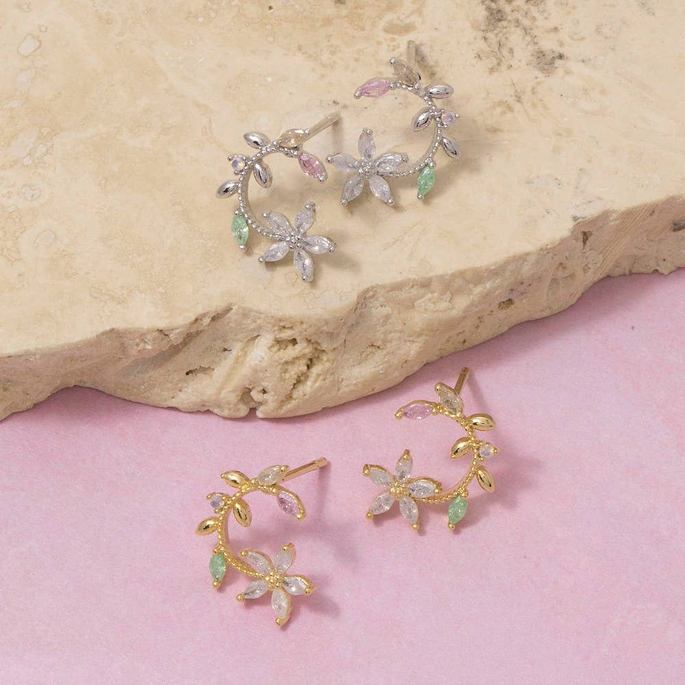 Leaf And Flower Circle Stud Earrings